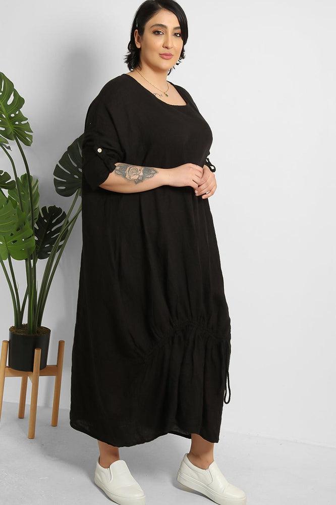 Drawstring Hem Relaxed Fit 100% Linen Tunic Dress-SinglePrice
