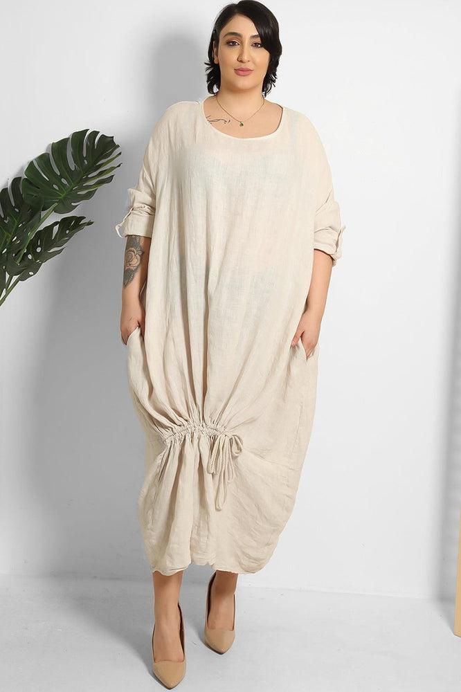 Drawstring Hem Relaxed Fit 100% Linen Tunic Dress-SinglePrice