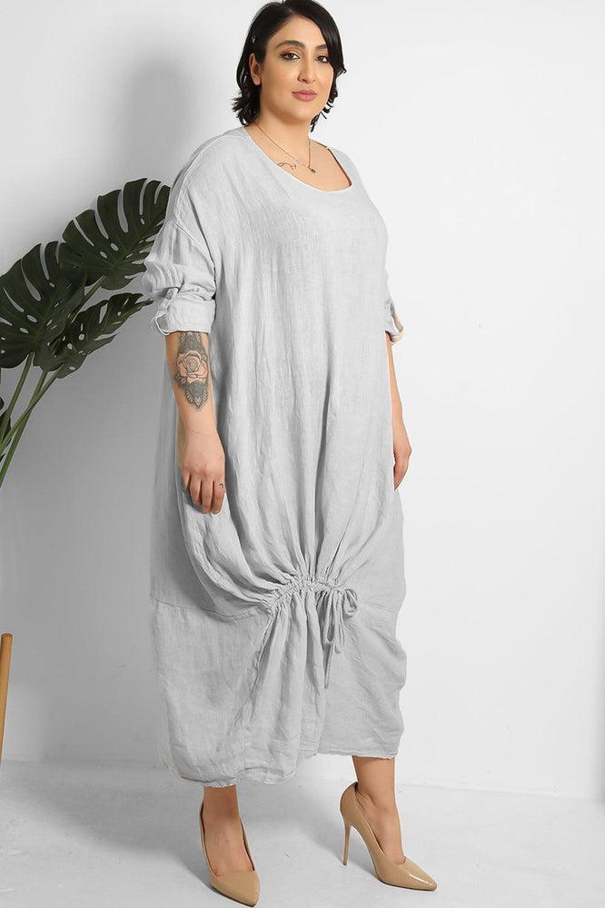 Drawstring Hem Relaxed Fit 100% Linen Tunic Dress-SinglePrice