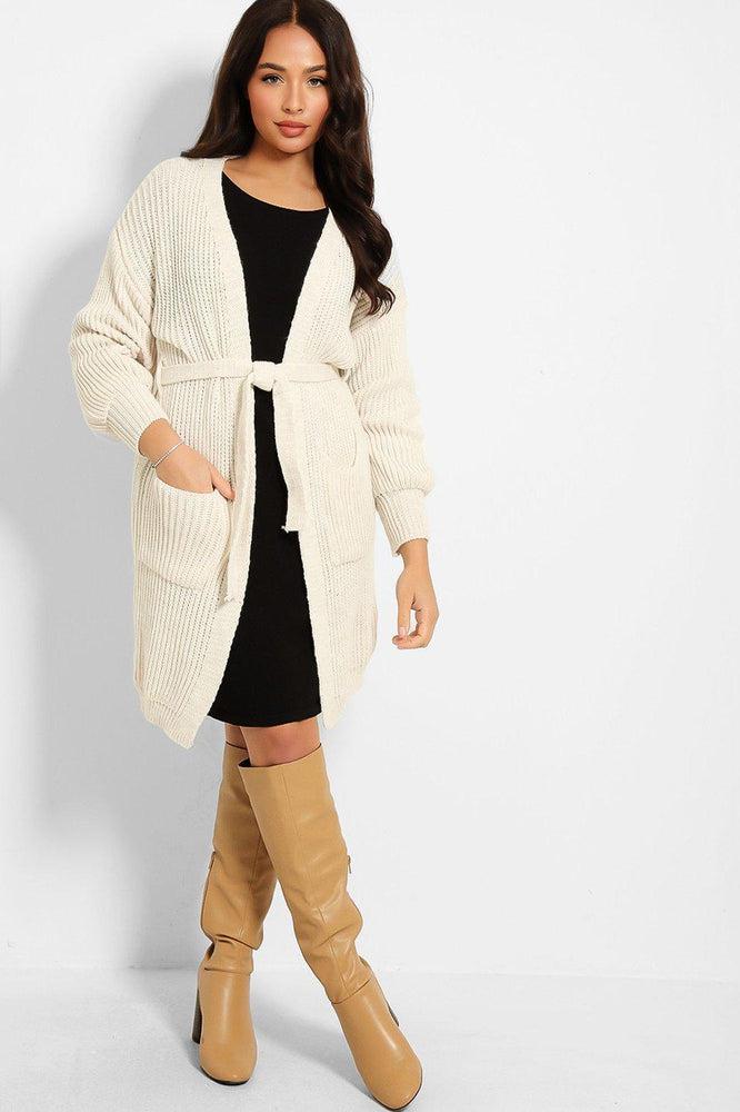 Chunky Knit Waist Tie Midi Cardigan-SinglePrice