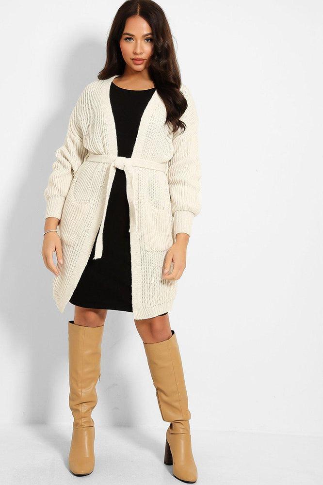 Chunky Knit Waist Tie Midi Cardigan-SinglePrice
