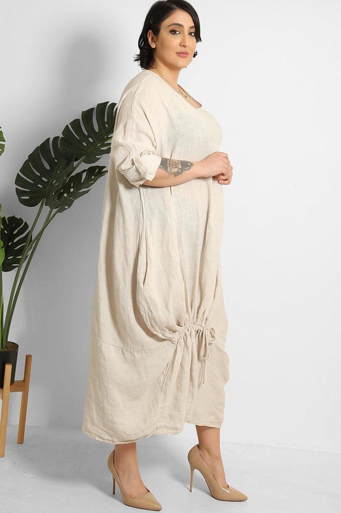 Drawstring Hem Relaxed Fit 100% Linen Tunic Dress-SinglePrice