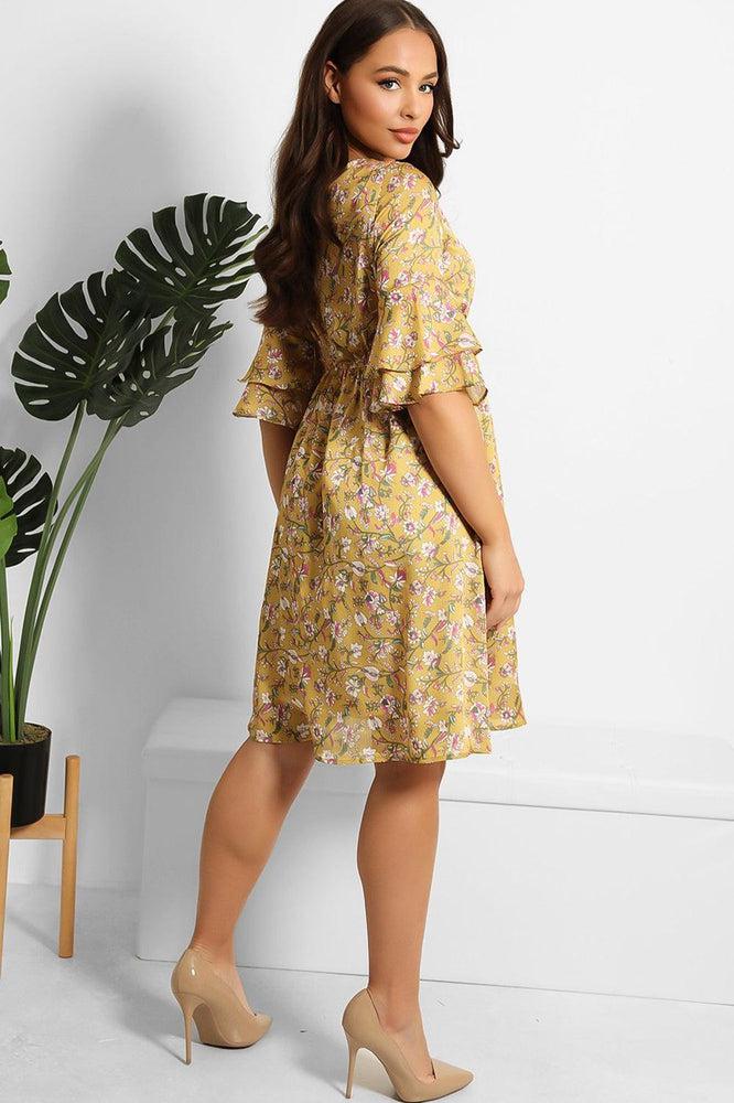 Mustard Floral Print Satin Dress-SinglePrice