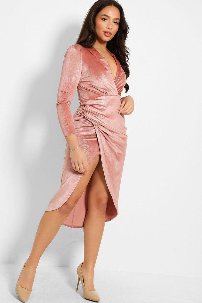 Dusty Pink Shimmer Velour Faux Wrap Midi Dress-SinglePrice