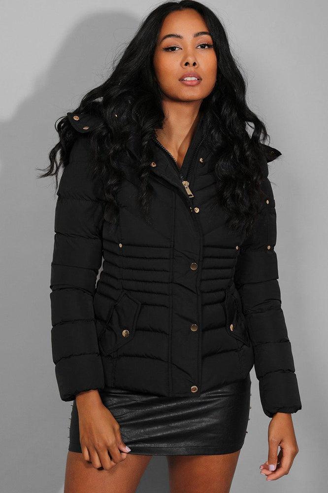 Black Quilted Detachable Faux Fur Hood And Sleeve Pocket Jacket-SinglePrice