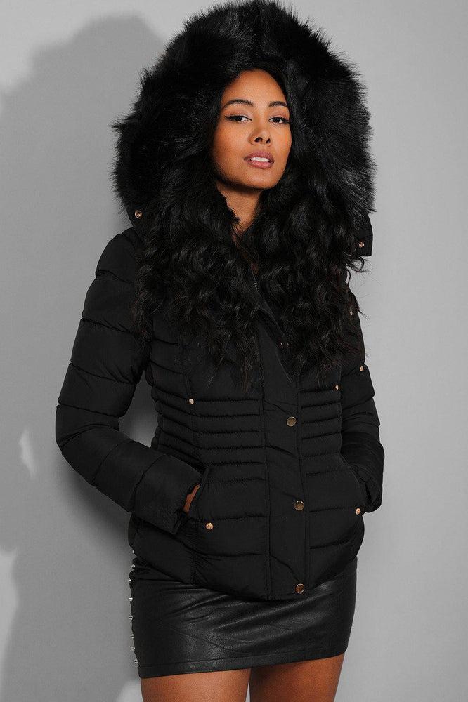 Black Quilted Detachable Faux Fur Hood And Sleeve Pocket Jacket-SinglePrice