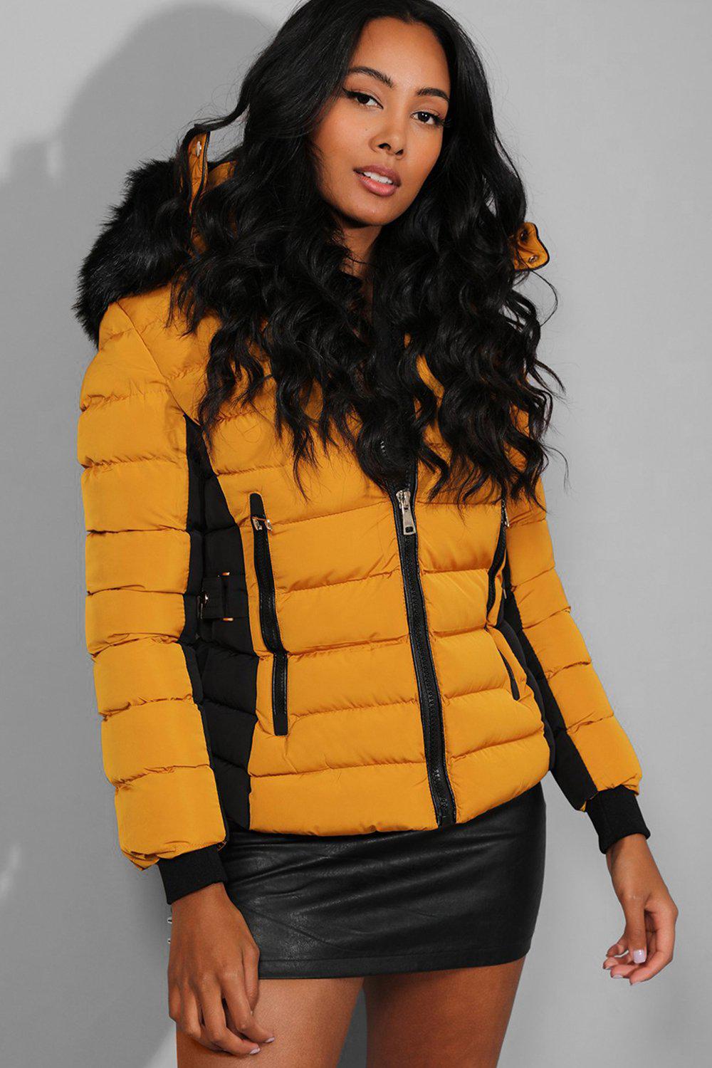 Yellow Belt Detail Quilted Padded Detachable Hood Jacket-SinglePrice