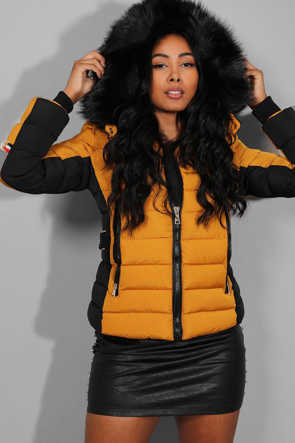 Yellow Belt Detail Quilted Padded Detachable Hood Jacket-SinglePrice