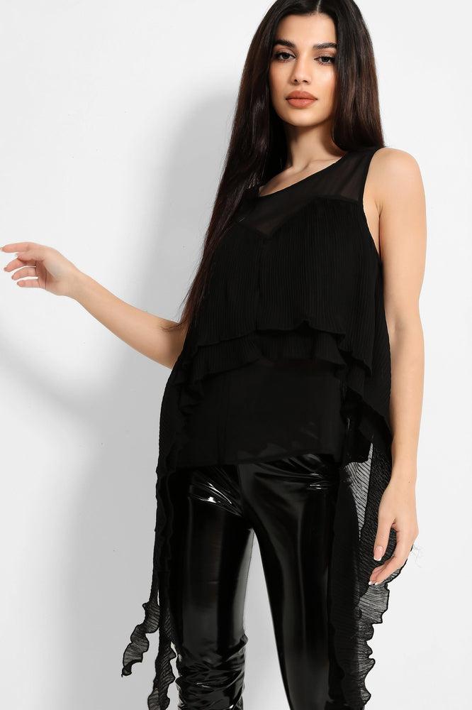 Black Pleated Layered Drape Detail Top-SinglePrice
