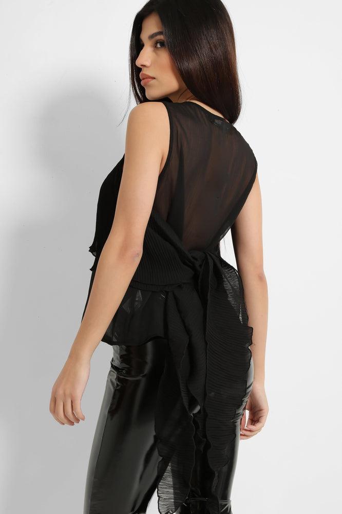 Black Pleated Layered Drape Detail Top-SinglePrice