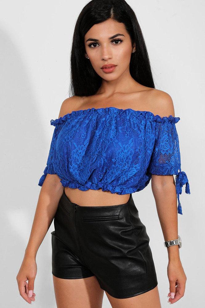 Blue Delicate Lace Bow Sleeves Bardot Crop Top-SinglePrice