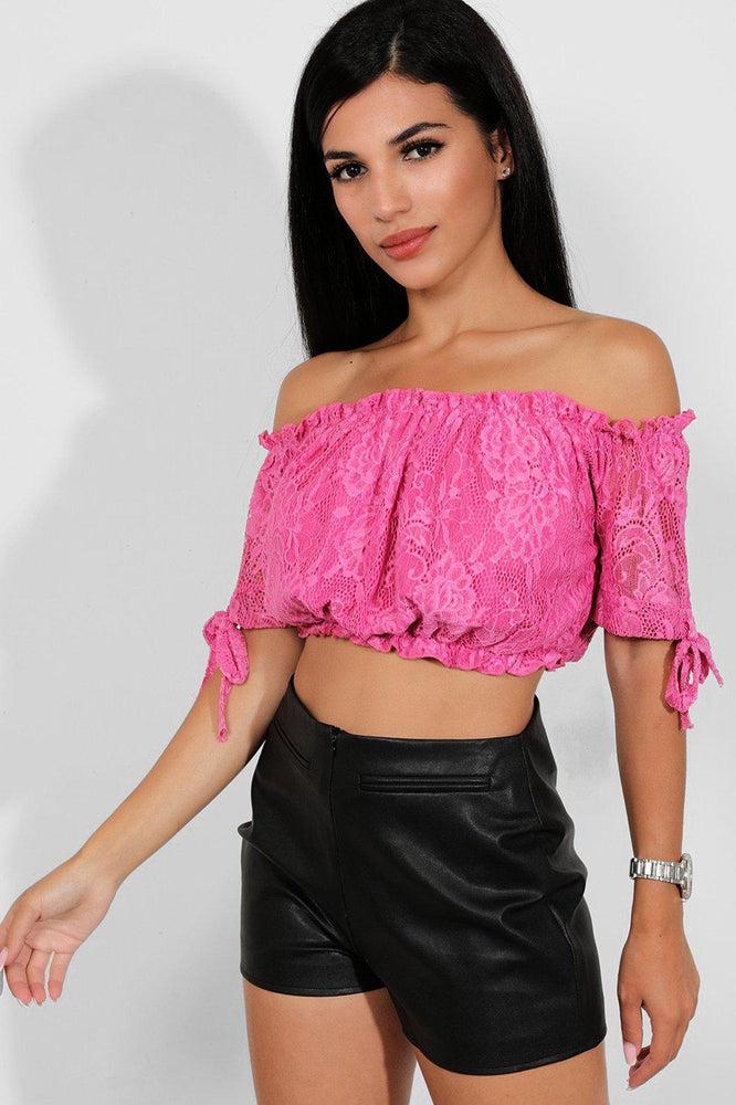 Pink Delicate Lace Bow Sleeves Bardot Crop Top-SinglePrice