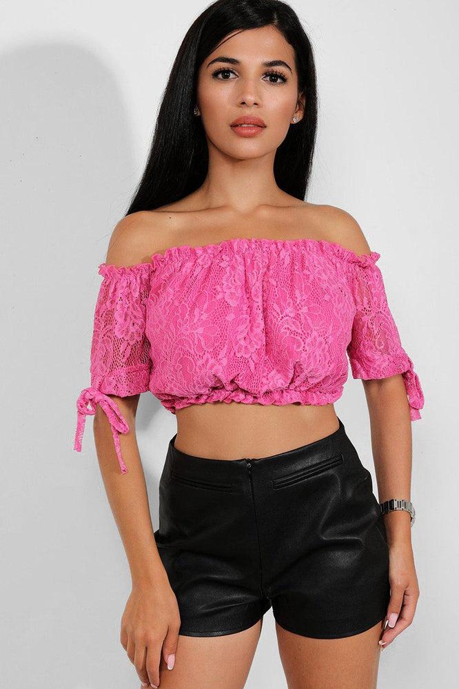 Pink Delicate Lace Bow Sleeves Bardot Crop Top-SinglePrice