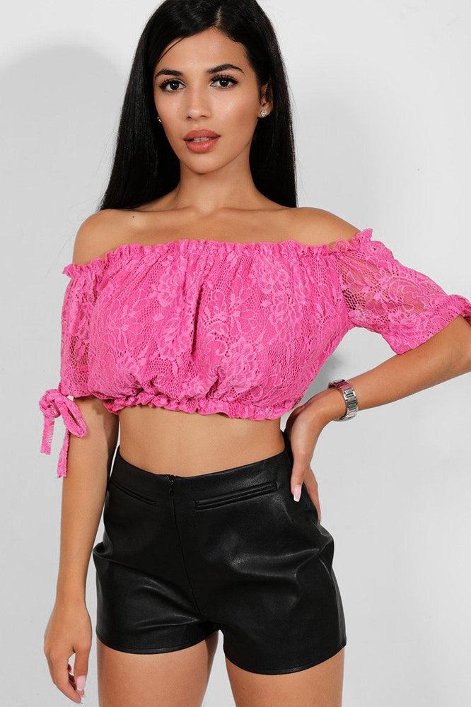 Pink Delicate Lace Bow Sleeves Bardot Crop Top-SinglePrice