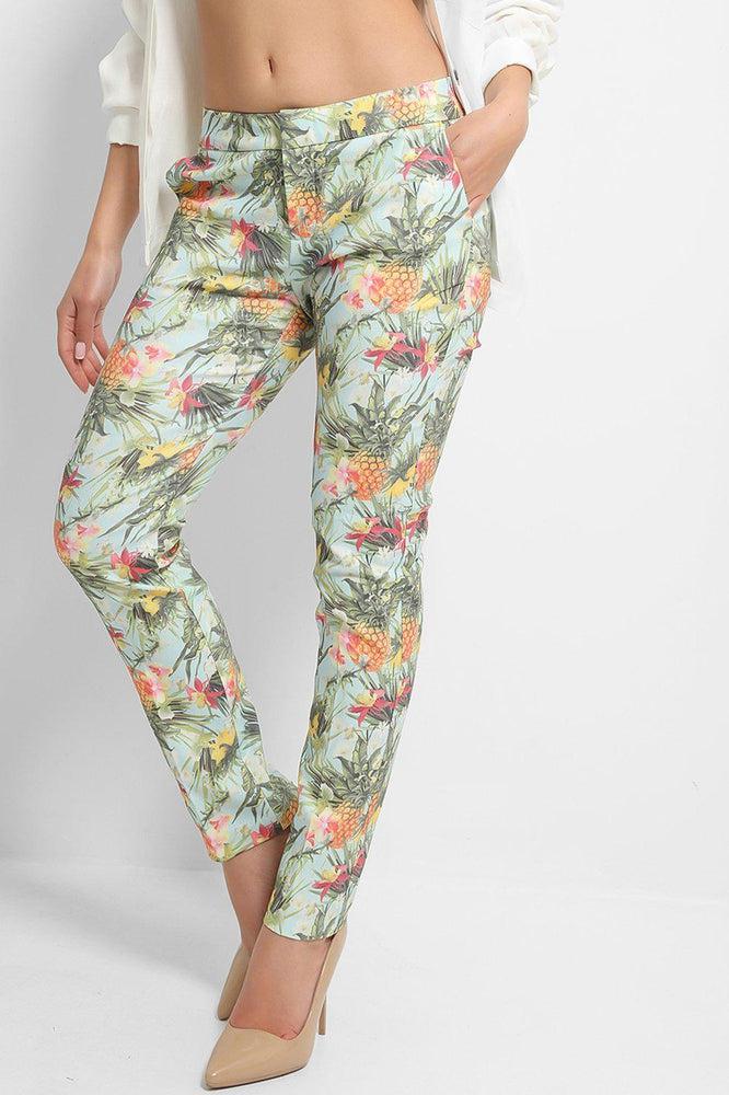 Blue Pineapple Print Low-Rise Trousers-SinglePrice