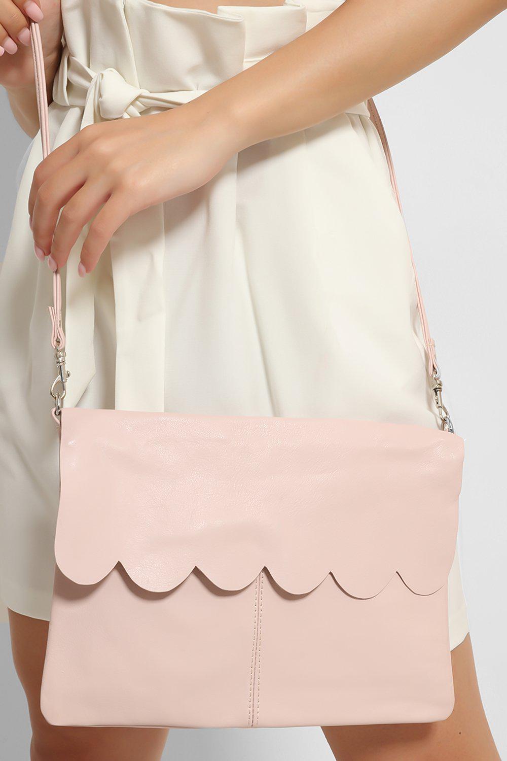 Pink Scallop Flap Front Soft Vegan Leather Shoulder Bag-SinglePrice