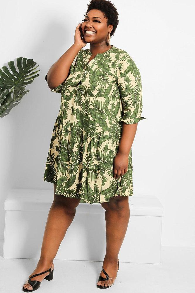Contrast Leaves Print Tiered Cotton Mini Dress-SinglePrice