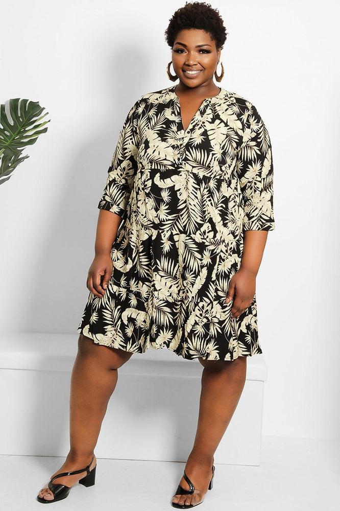 Contrast Leaves Print Tiered Cotton Mini Dress-SinglePrice