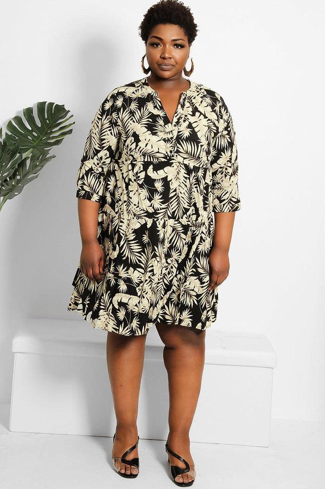Contrast Leaves Print Tiered Cotton Mini Dress-SinglePrice