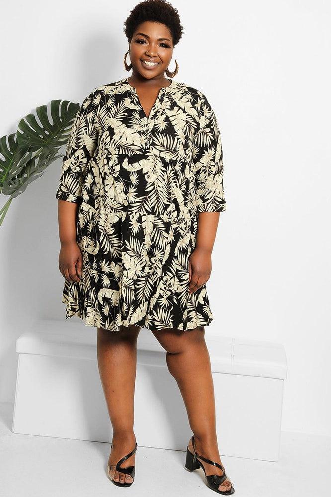Contrast Leaves Print Tiered Cotton Mini Dress