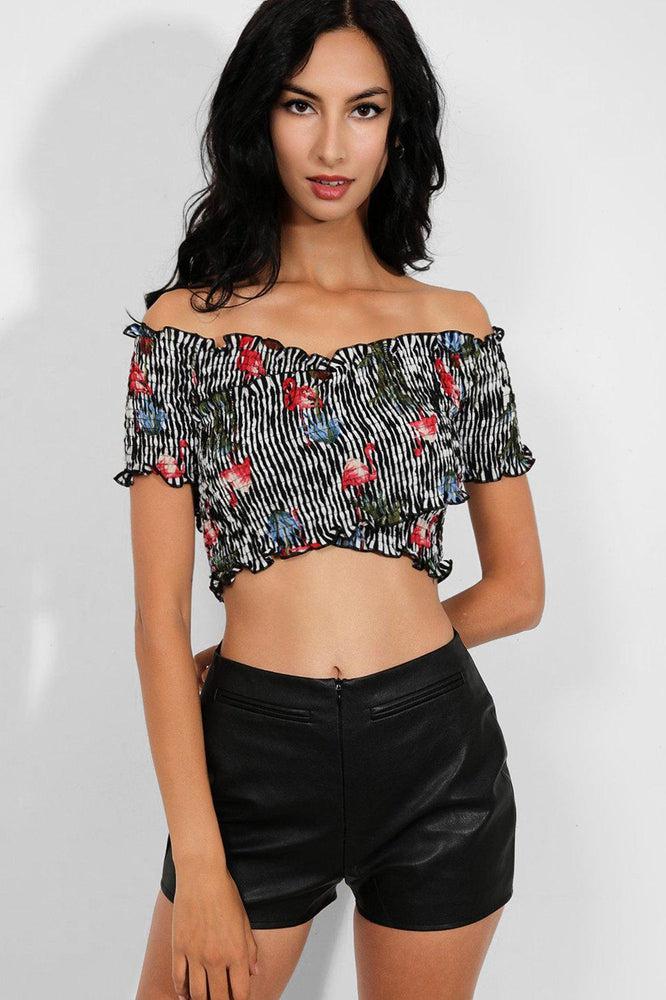 Black Flamingos Print Wrap-Over Shirred Bardot Crop Top-SinglePrice