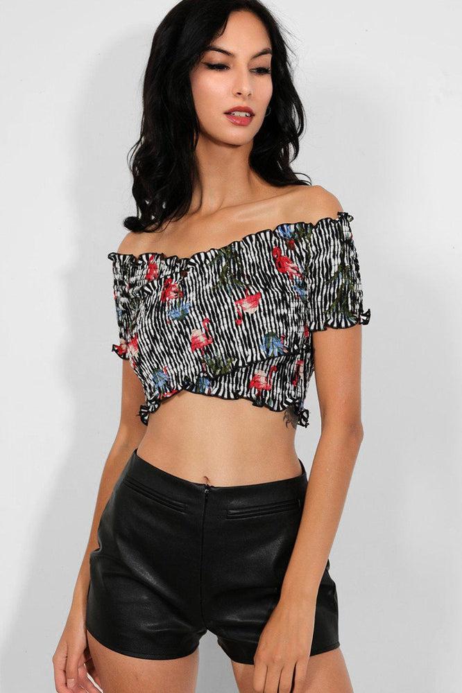 Black Flamingos Print Wrap-Over Shirred Bardot Crop Top-SinglePrice