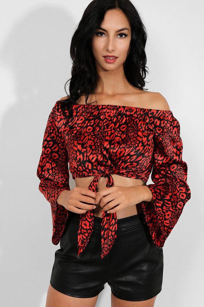 Red Satin Leopard Print Black Off Shoulder Crop Top-SinglePrice