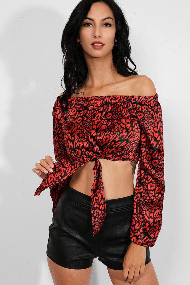 Red Satin Leopard Print Black Off Shoulder Crop Top-SinglePrice