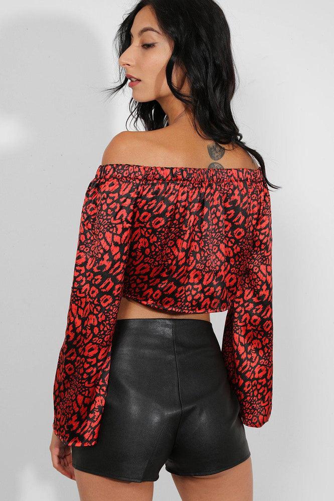 Red Satin Leopard Print Black Off Shoulder Crop Top-SinglePrice