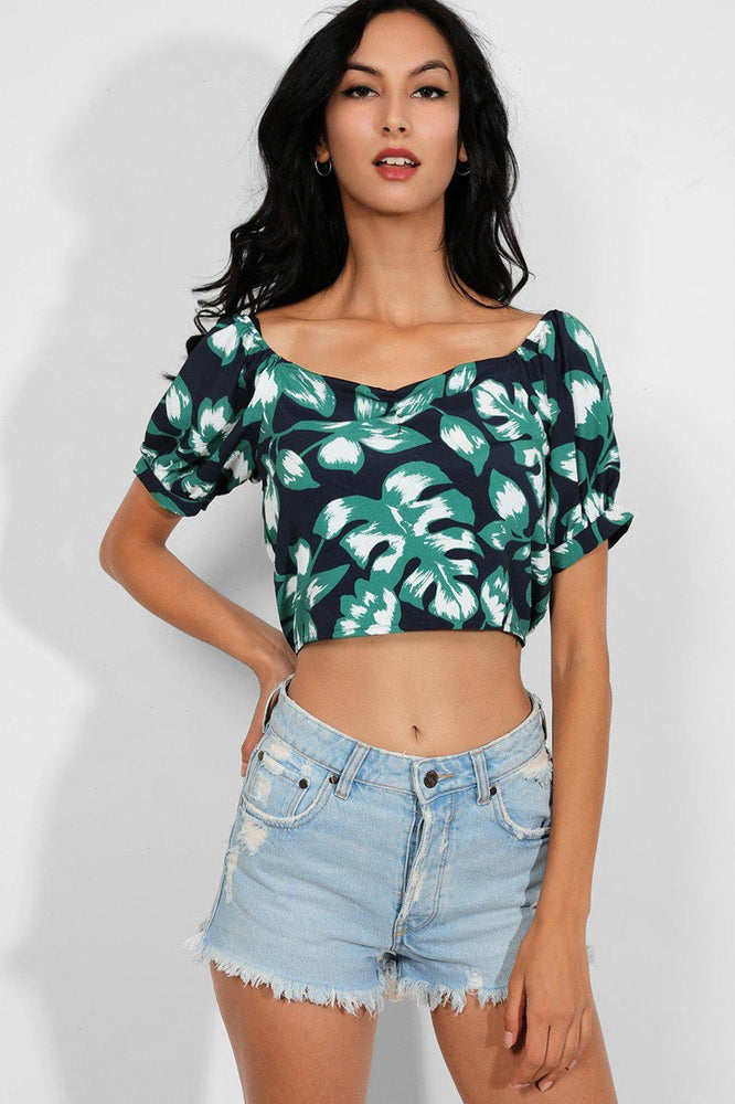 Green Palm Leaves Print Navy Crop Top - SinglePrice