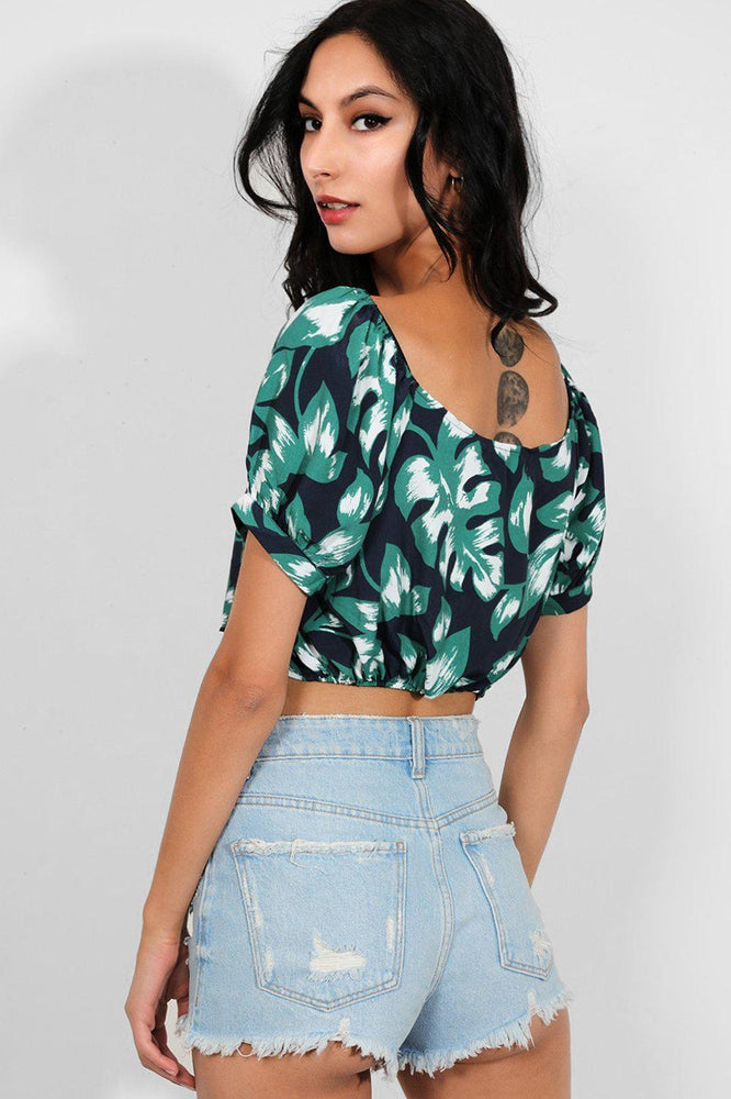 Green Palm Leaves Print Navy Crop Top - SinglePrice