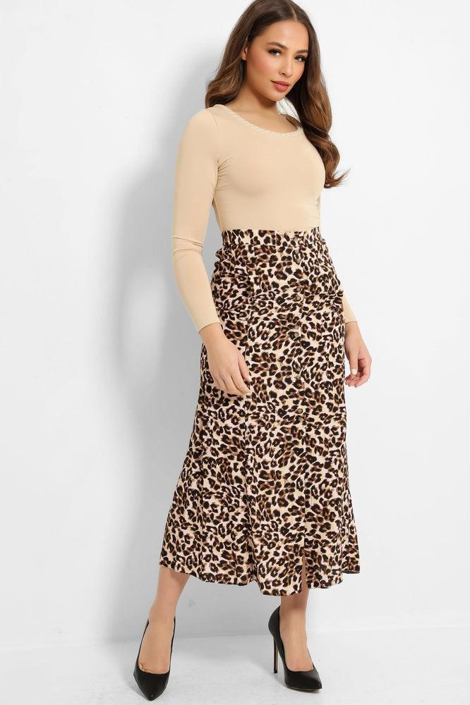 Brown Leopard Print Buttons Front Maxi Skirt-SinglePrice