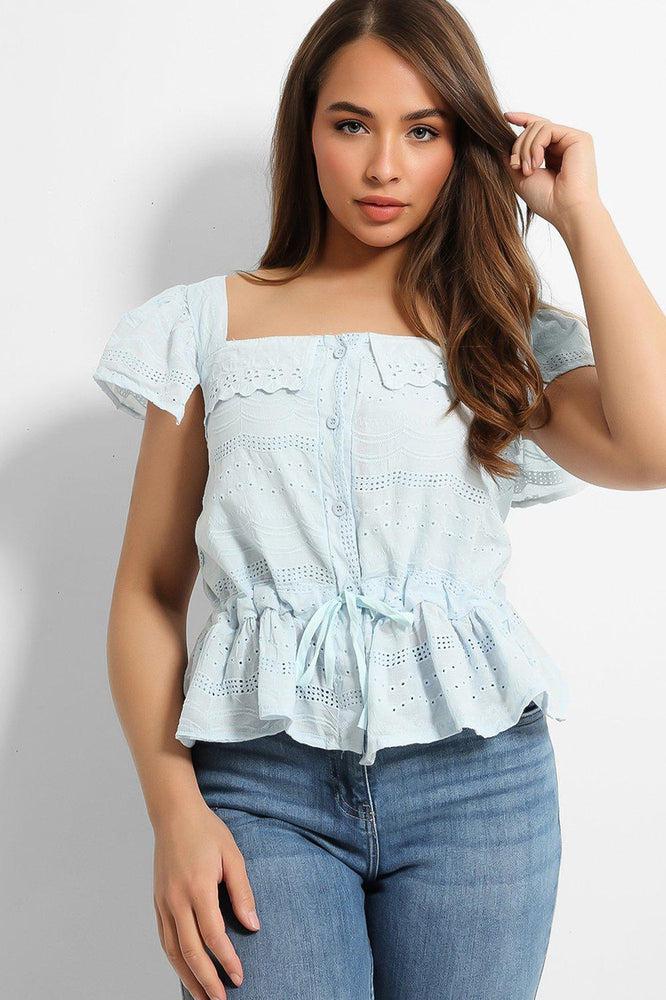 Blue Crochet Details Drawstring Waist Top-SinglePrice