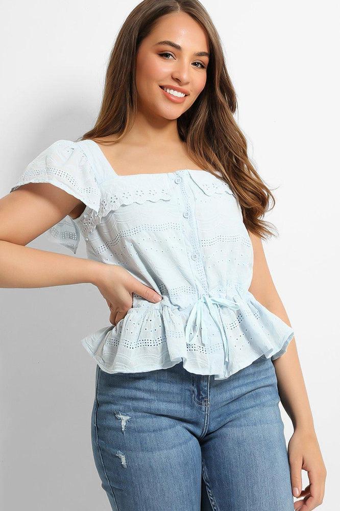 Blue Crochet Details Drawstring Waist Top-SinglePrice