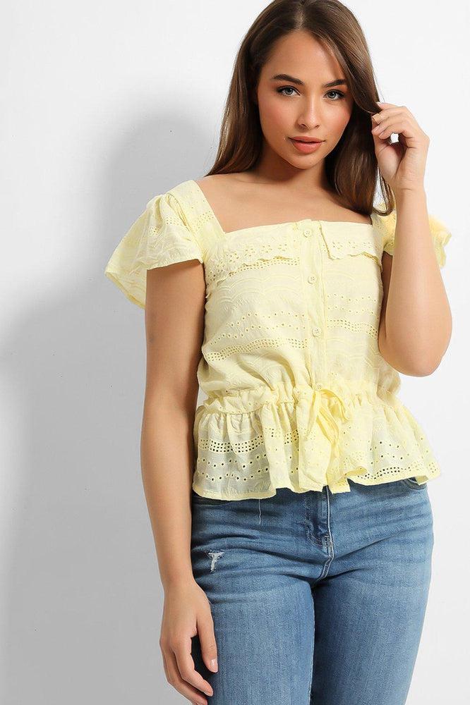 Yellow Crochet Details Drawstring Waist Top-SinglePrice