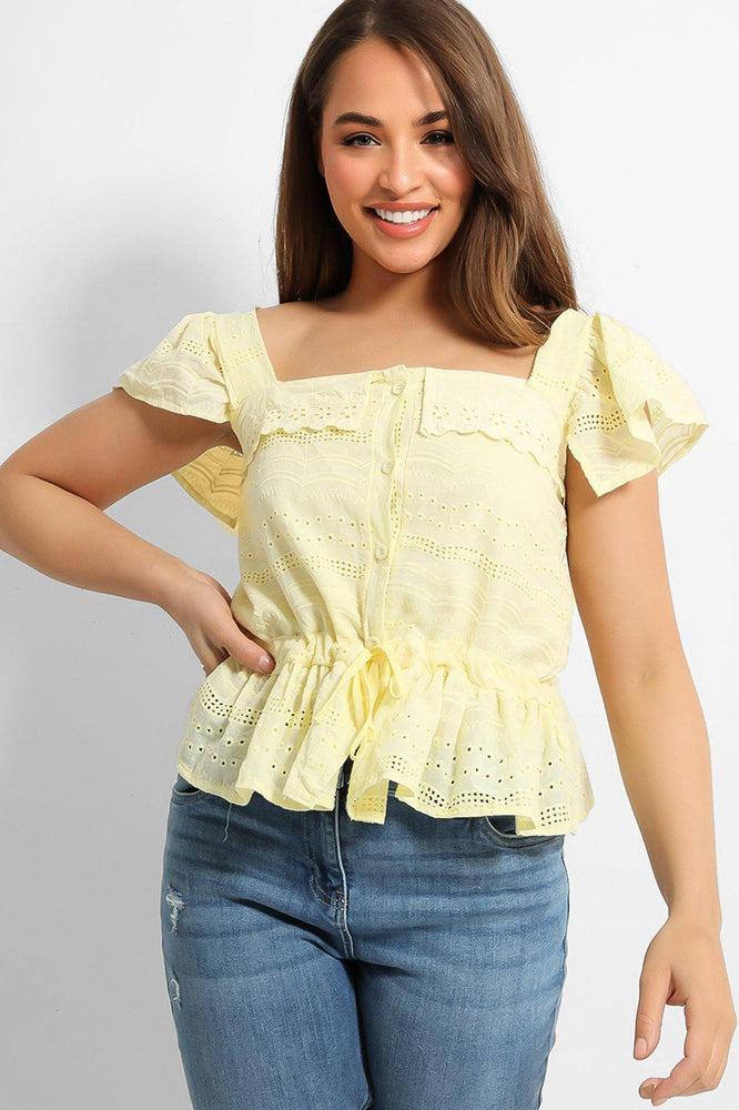 Yellow Crochet Details Drawstring Waist Top-SinglePrice