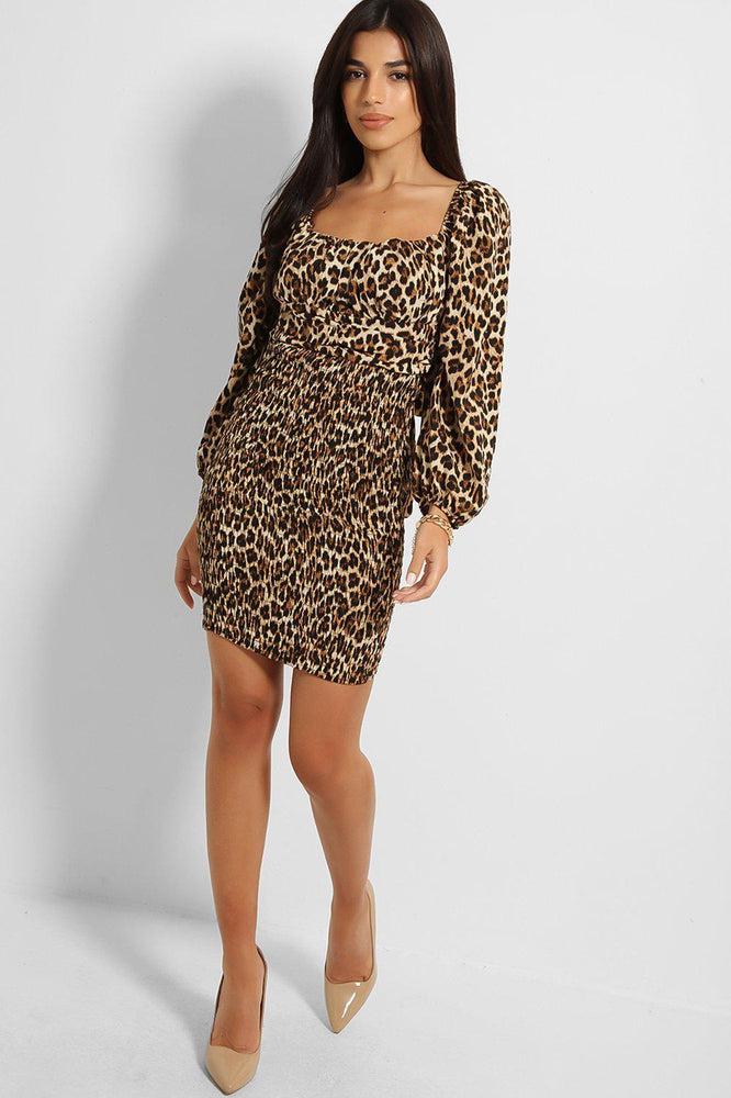 Leopard Shirred Back Tie Sweetheart Dress-SinglePrice