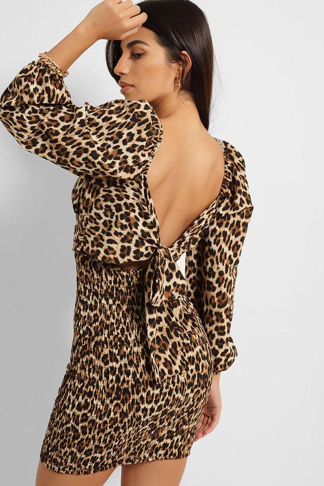 Leopard Shirred Back Tie Sweetheart Dress-SinglePrice