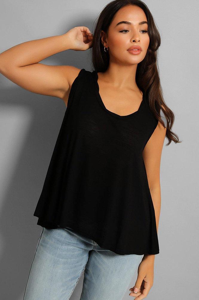 Black Flared Hem Lightweight Sleeveless Top-SinglePrice