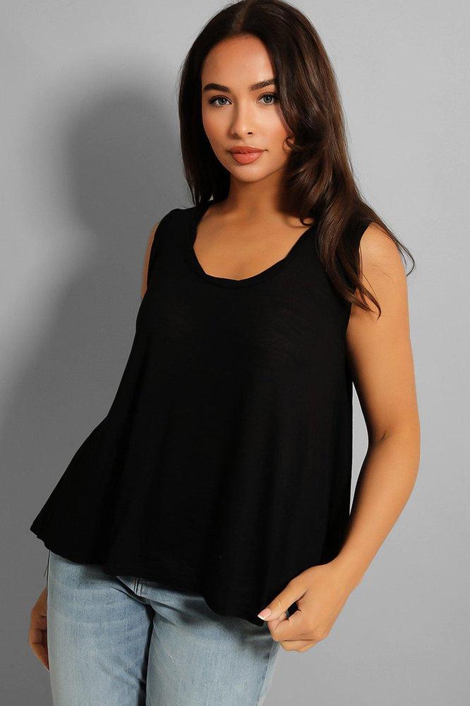 Black Flared Hem Lightweight Sleeveless Top-SinglePrice