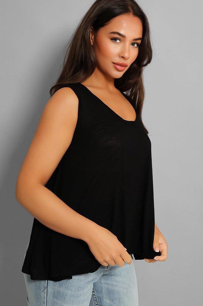 Black Flared Hem Lightweight Sleeveless Top-SinglePrice