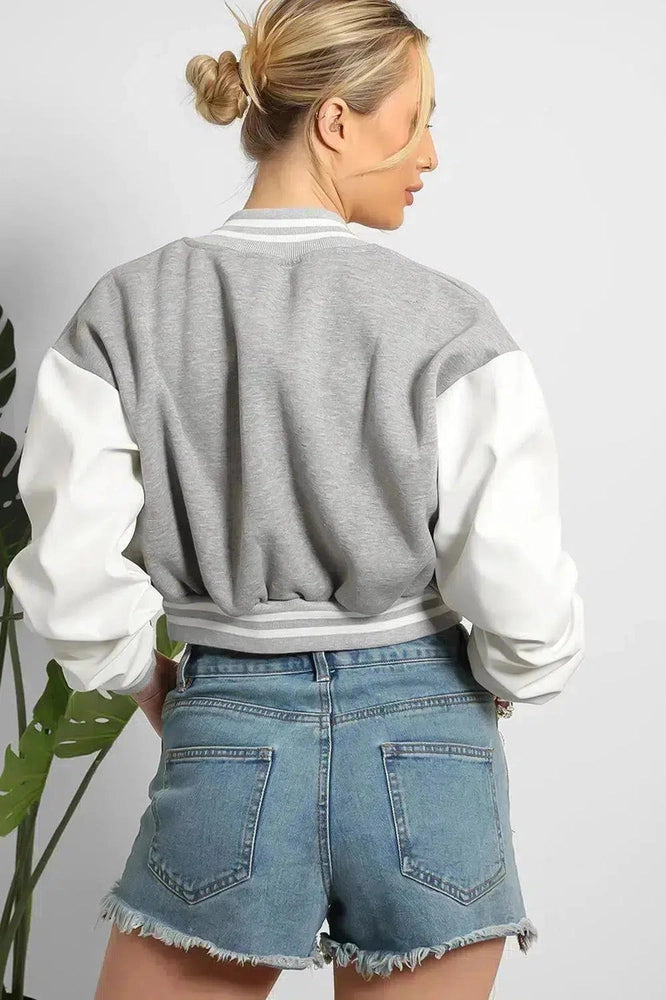 Vegan Leather Sleeves Cropped Varsity Jacket-SinglePrice