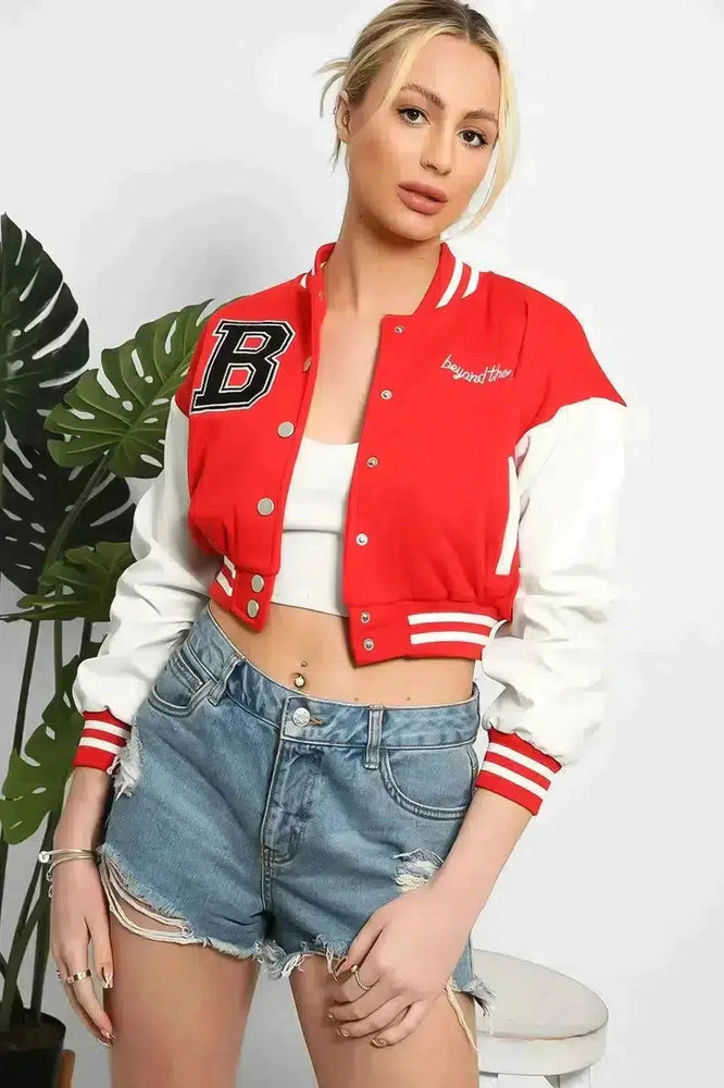 Vegan Leather Sleeves Cropped Varsity Jacket-SinglePrice