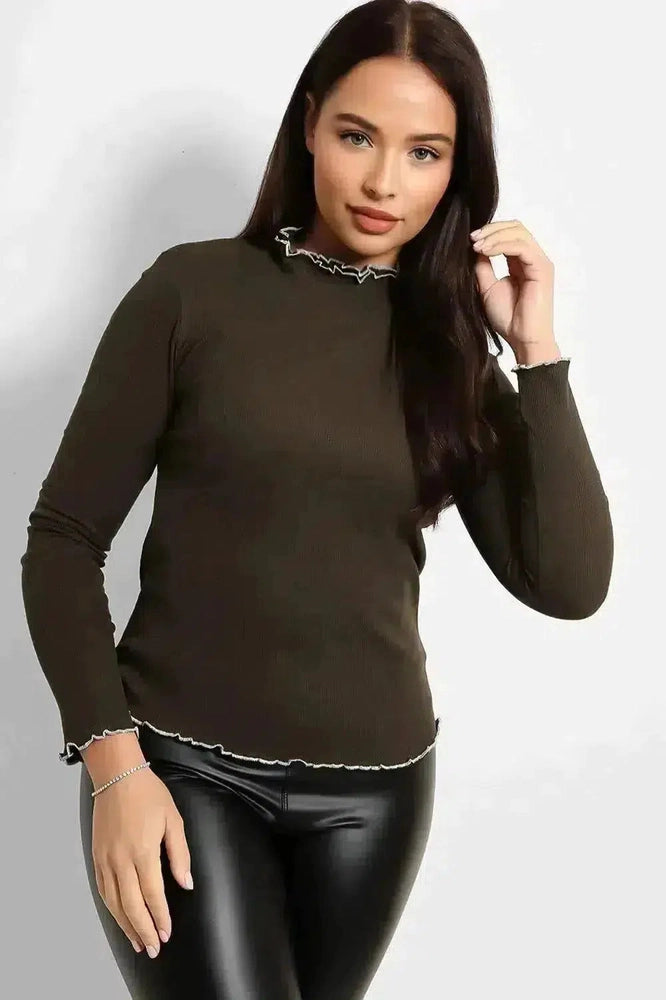 Contrast Frilled Neckline Ribbed Pullover-SinglePrice