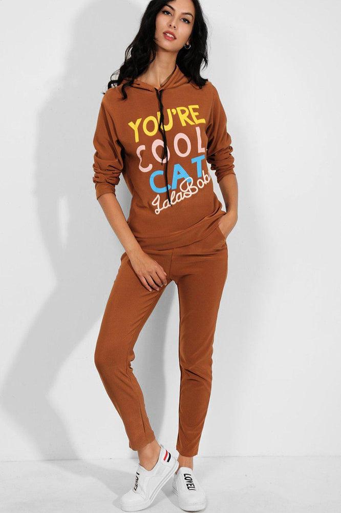 Brown Cool Cat Slogan Hooded 2 Piece Tracksuit-SinglePrice
