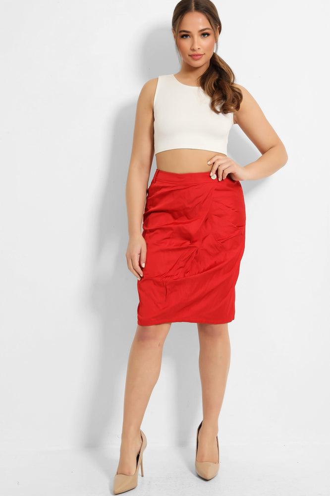 Red Creased Fabric Pencil Skirt-SinglePrice