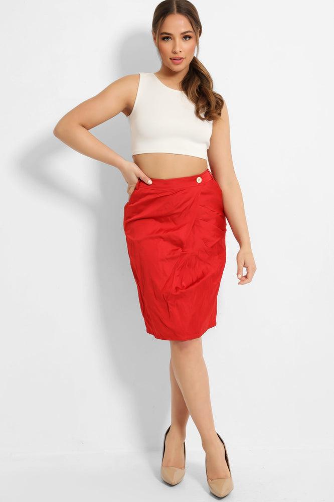 Red Creased Fabric Pencil Skirt-SinglePrice