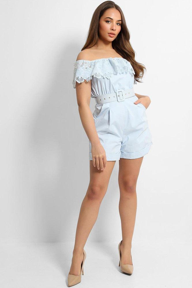 Blue Crochet Knit Off Shoulder Belted Playsuit-SinglePrice