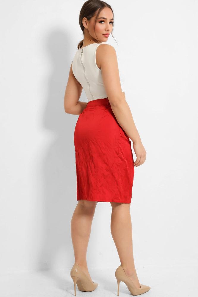 Red Creased Fabric Pencil Skirt-SinglePrice