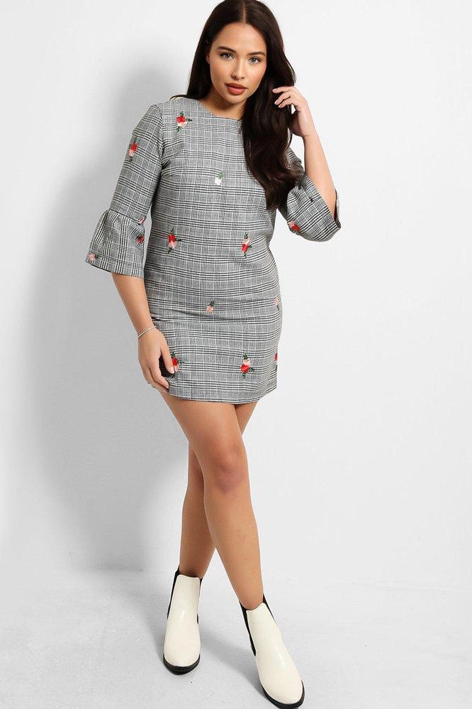 Grey Plaid Embroidered Floral Mini Dress-SinglePrice